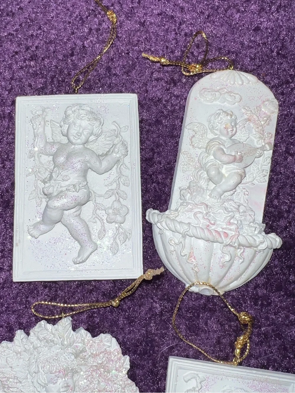 Vintage Baroque Ceramic Cherub Angel Holiday Christmas Ornaments White Glitter